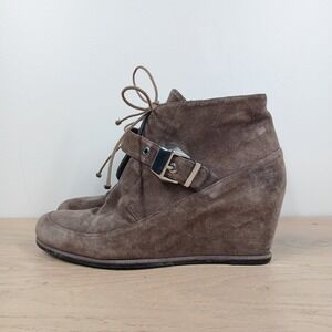 Stuart Weitzman Booties Women 9.5 M Brown Suede Wedge Lace Up Buckle Boho